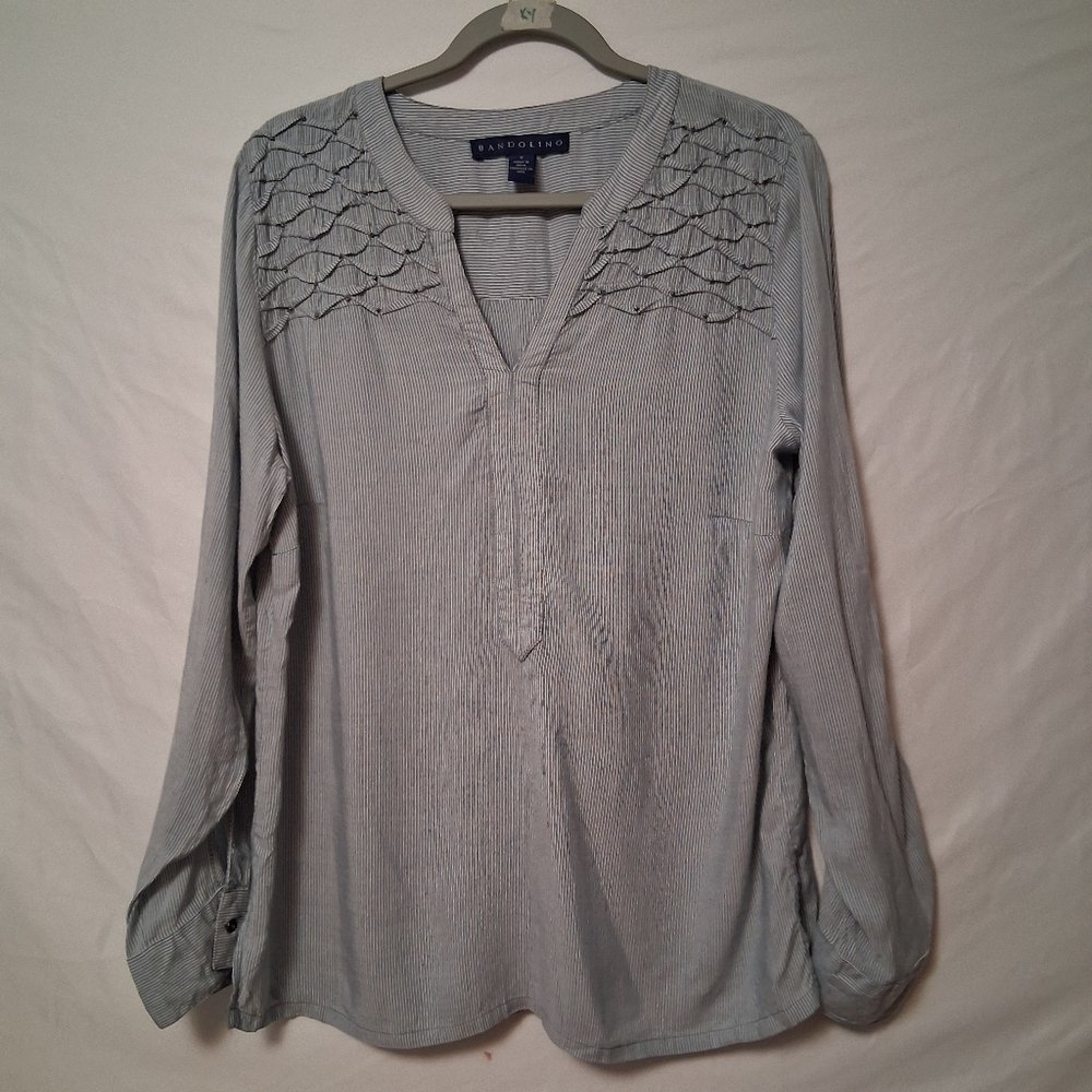 Bandolino Women's Blue White Striped Long Sleeve Tunic Medium